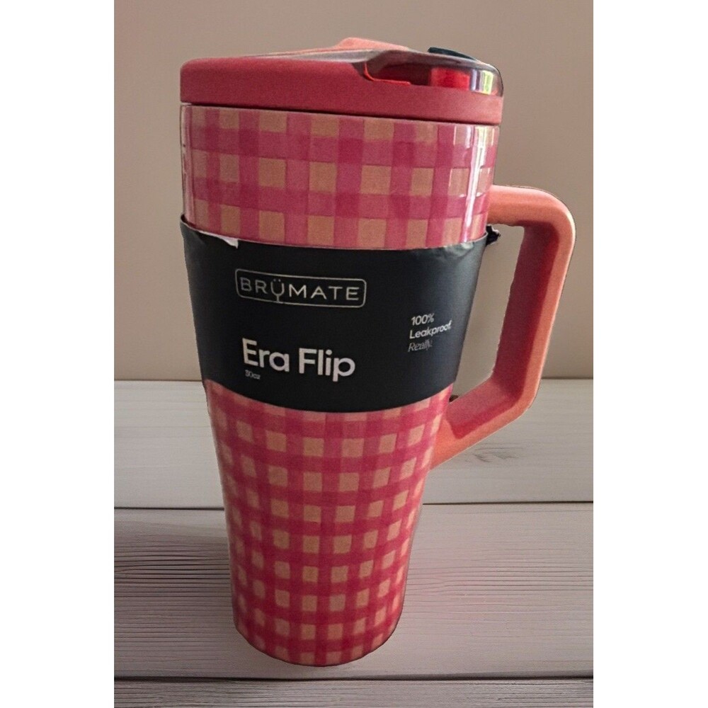 BruMate 30oz Stainless Steel Era Flip Water Bottle Tumbler- Peach Gingham New